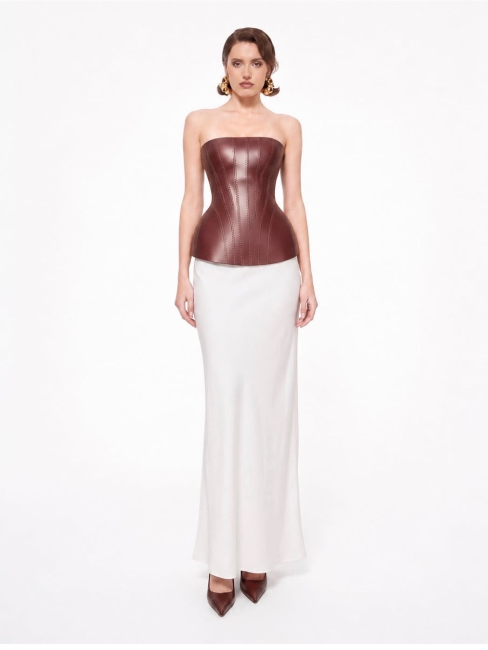 Strapless Brown Leather Corset Top with White Maxi Skirt